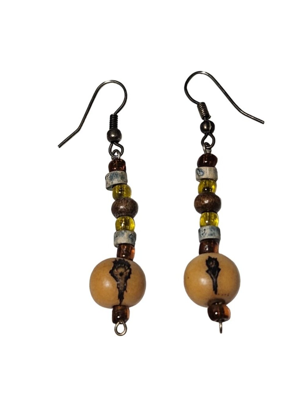 Vintage Beaded Dangle Earrings Boho Brown Yellow Wooden Beads Retro Fashion